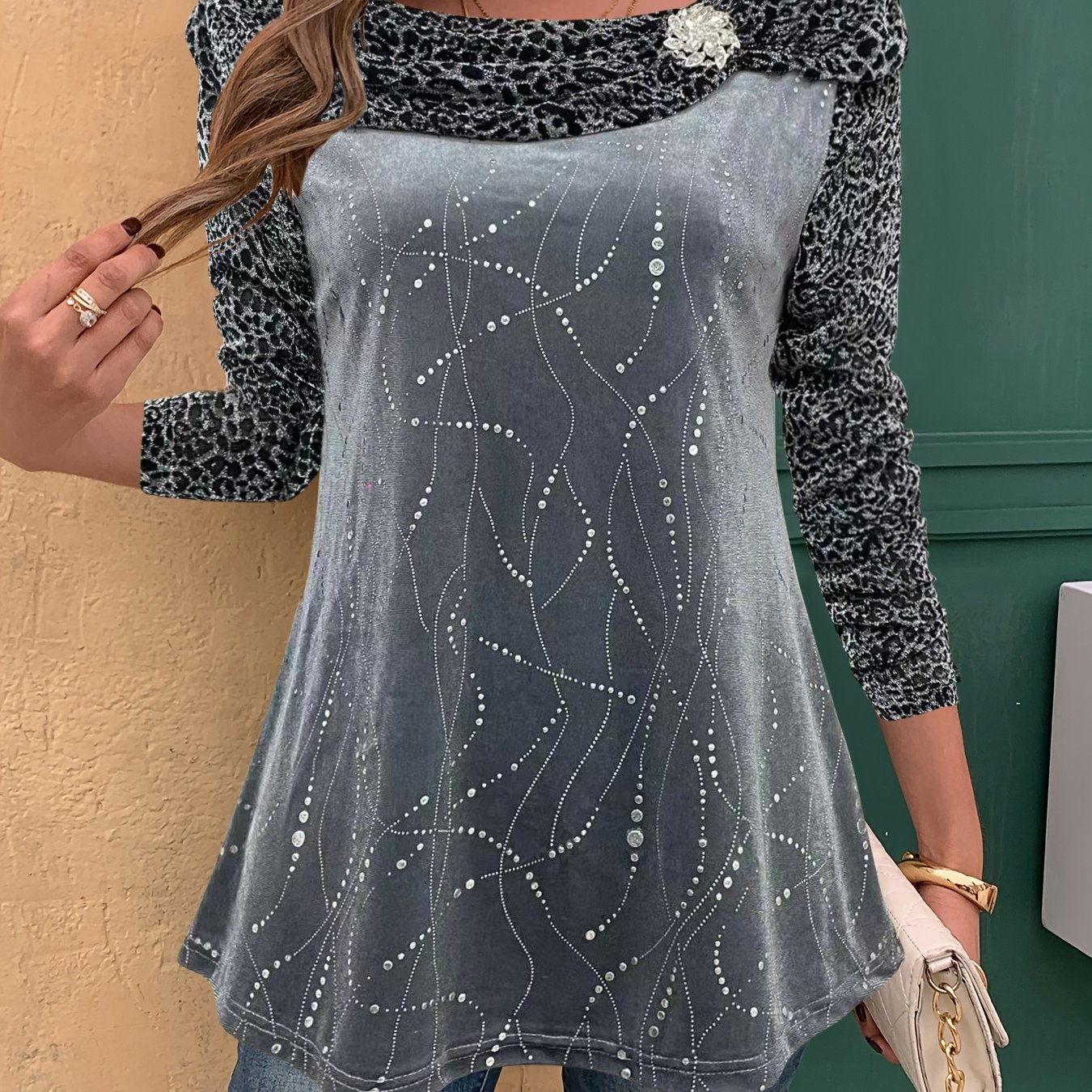 E-shop Herbst/Winter Damenmode Eleganter Pendler-Party-Pullover Einfarbig mit Goldfolienkragen Langarm-Oberteil + Accessoires, Damen Langarmhemd, Damen