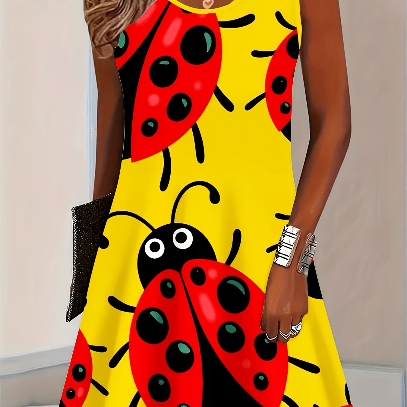 TEMU Printed Design- Not Texturedprinted Design- Not Texturedsuper Cute Sleeveless Dress With A Ladybug Pattern, Suitable For Women To Wear. This
