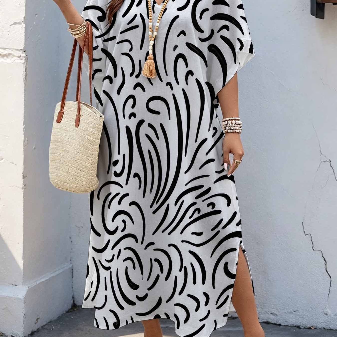 Image of Plus Size, Plus Size Women's 08xl Minimalist Artistic Style, Abstract Swirl Print Maxi Dress, Batwing Sleeve Dress With Double Side Slits, Loose Casual Summer Dress For Curvy Women