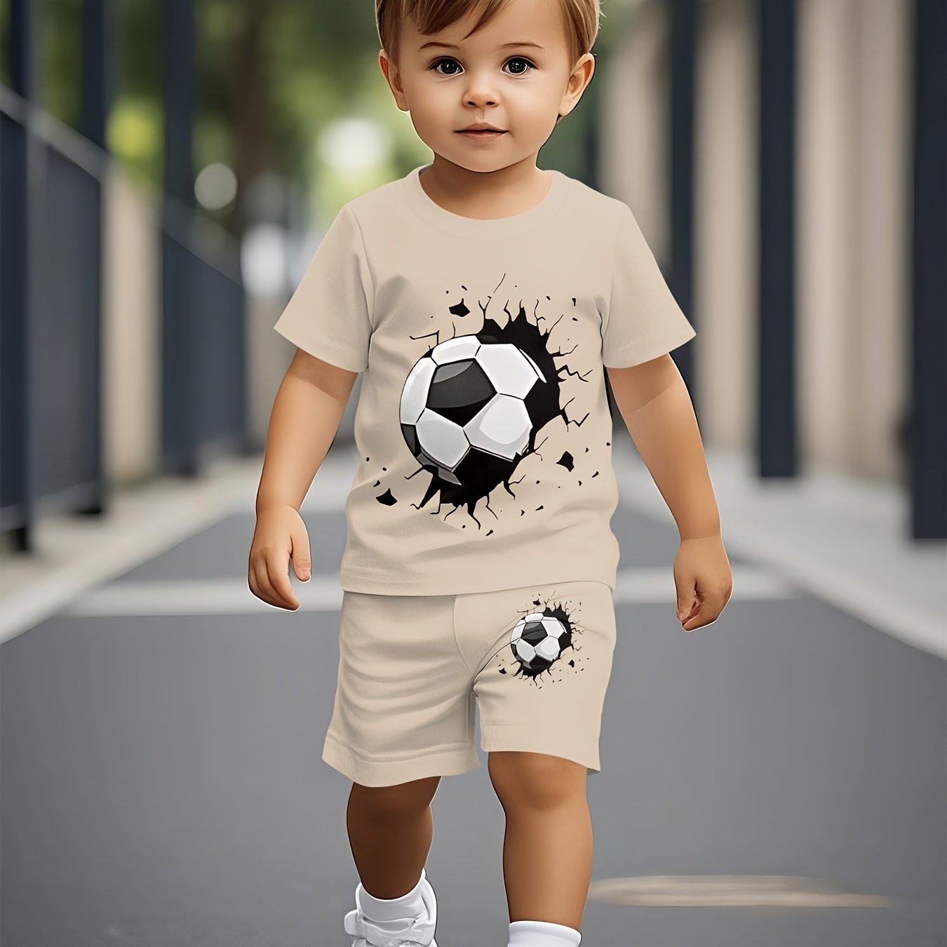 Image of Summer Short-sleeved Set For Boys, Featuring Trendy And Fashionable Football Pattern Prints, And A Stylish And Comfortable Short-sleeved Outfit., Perfect For Outdoor,christmas,halloween