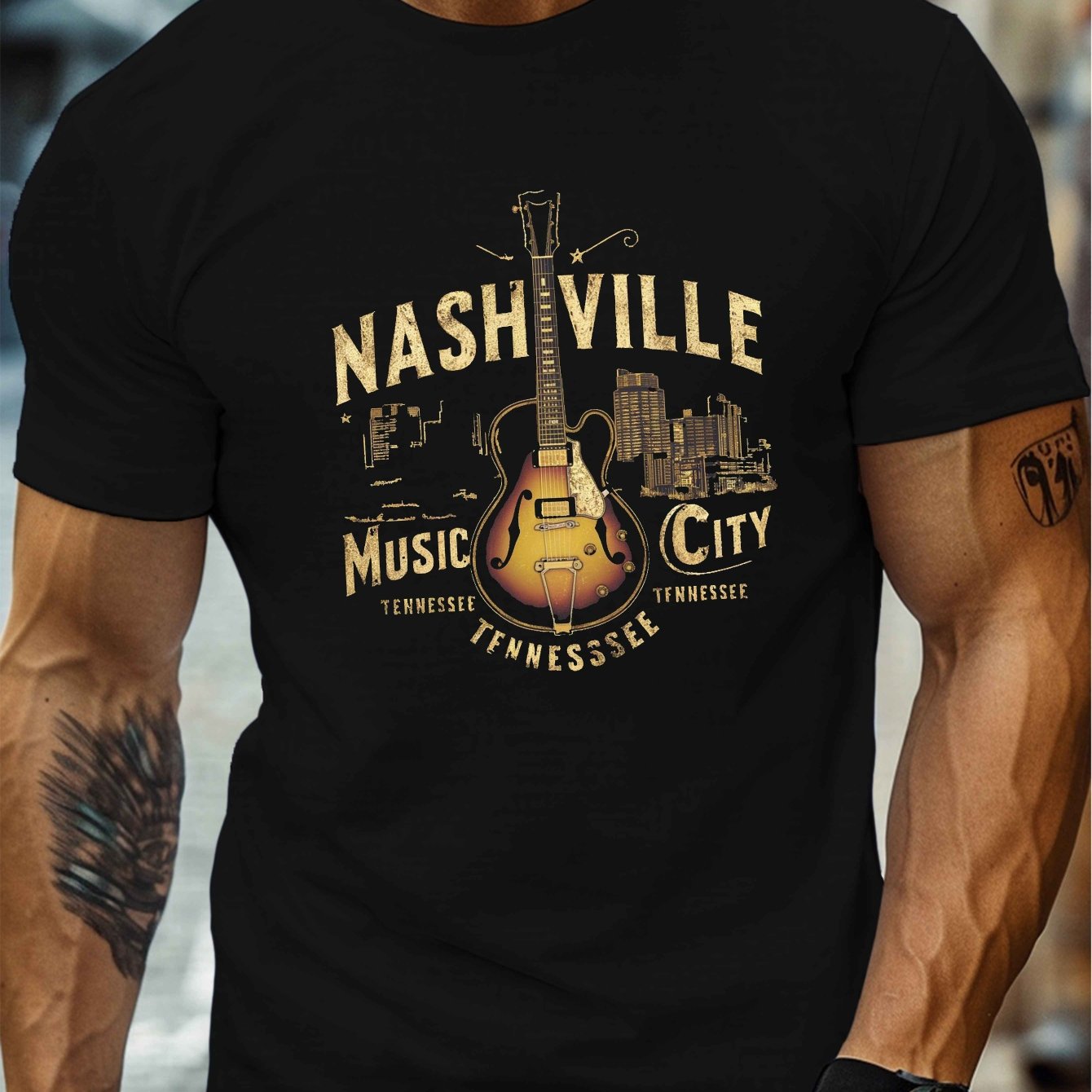 TEMU Men's T-shirt Fashion Nashville Pattern T-shirt, Men's Casual Crew Neck Short Sleeve T-shirt, Summer Top, Guitar Illustration, Plus Summer Short