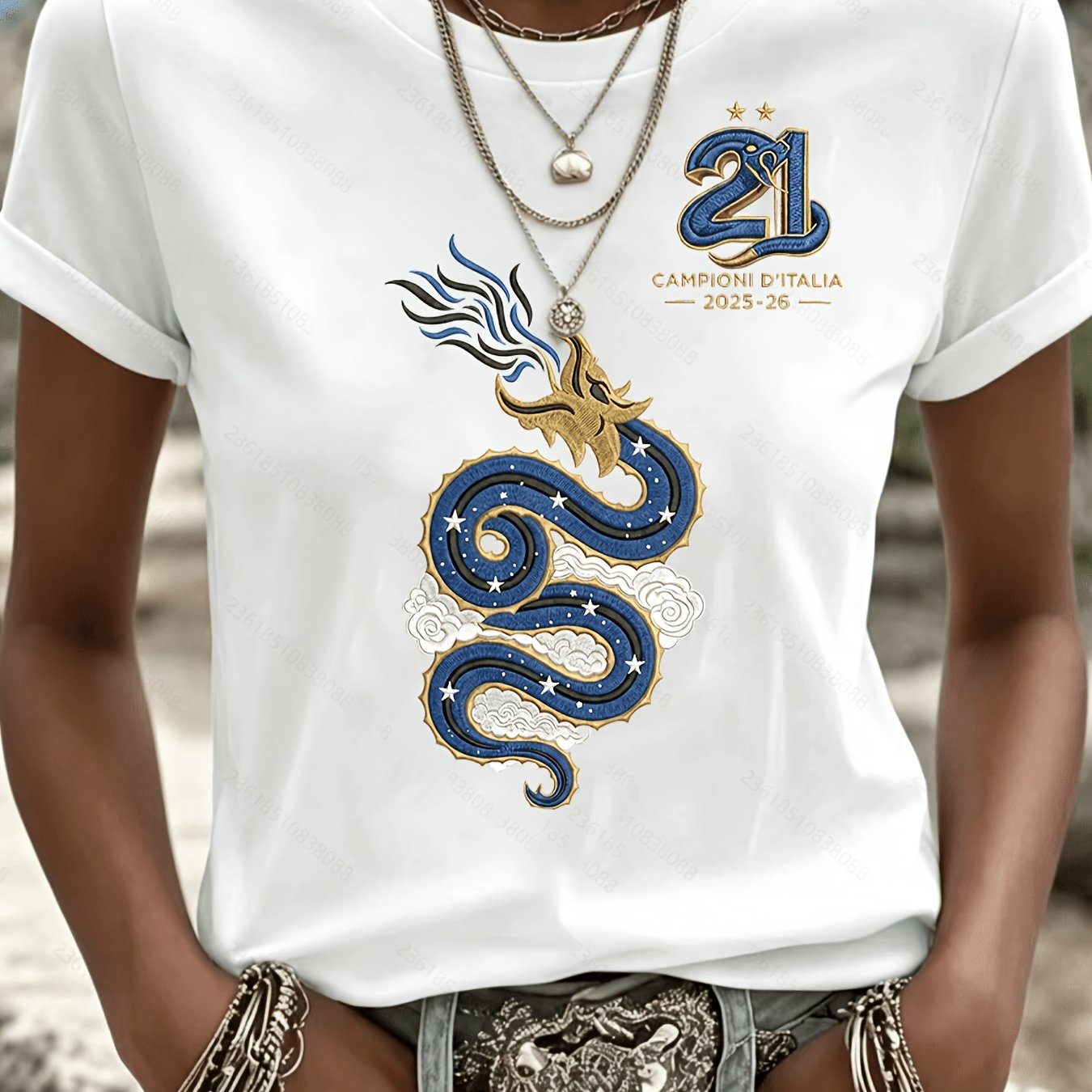 TEMU Women's Campioni 21 Champions T-shirt, Dragon Print Crew Neck Tee, Casual Short Sleeve Top