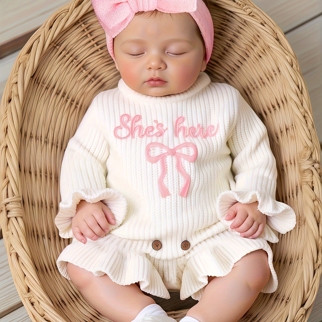 2-piece Newborn Embroidered Bodysuit + Bow Headband Set, Baby Girl Knit Long-sleeve Sweater Set, Children's Knit Pullover Set, Newborn Autumn/winter Photography Outfit