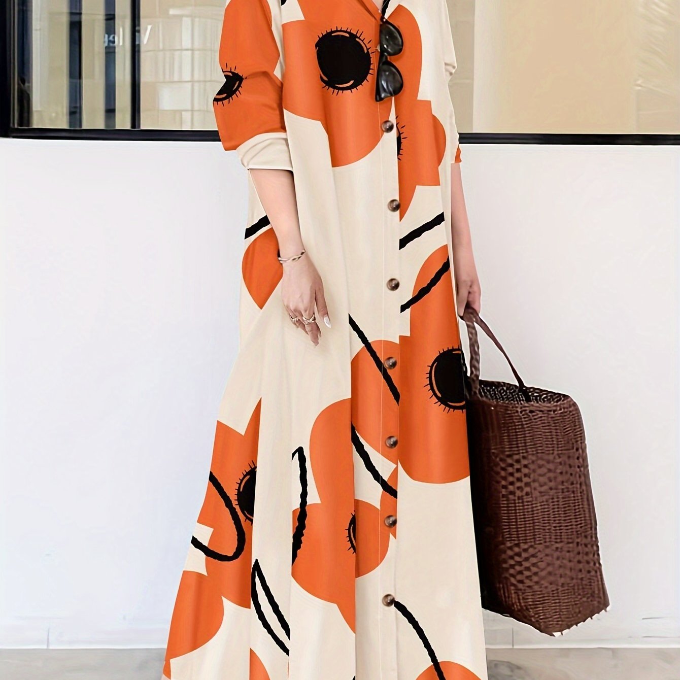 TEMU Elegant Floral Print Button-up Long Dress - Casual Long Sleeve, Loose Fit With Lapel Collar For Women, Elegant Style,