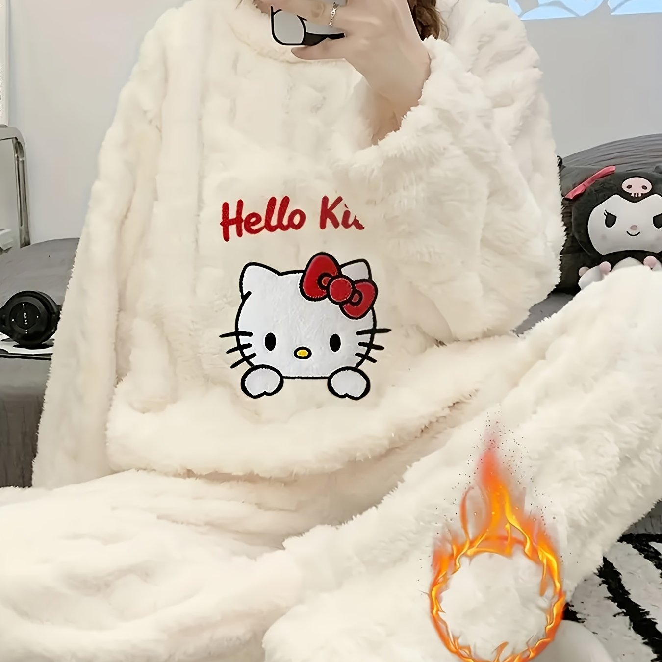 Image of [25aw Home Trend] Fall Winter New Teenager's Pajamas Cute Hello Kitty Kitty Cat Embroidery Pattern Long Sleeve Pants Casual Warm Fleece Soft Comfortable, For Teenager, For Teenager
