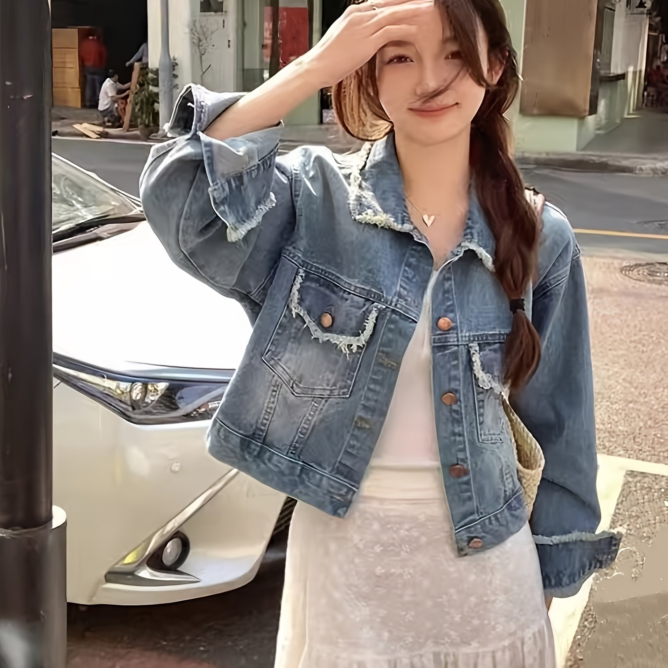 TEMU 【レディース】ヴィンテージ風 ダメージ加工 フリンジ付き ラ デニムジャケット 春秋向け ゆったりフィット ターンカラー 多用途 ショートジャケット トップス