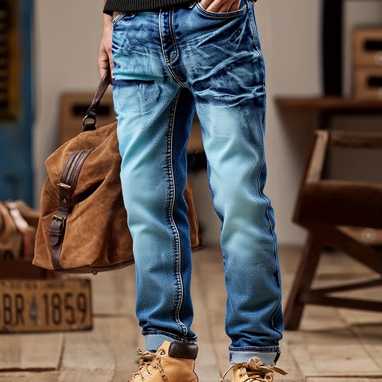 Image of 061 Men's Slim-fit Vintage Washed Jeans Pants - Navy Blue Distressed, Elastic Wrinkle-resistant Straight- Casual Pants Suitable For Motorcycle Riding, Outdoor & Wear, - (machine Washable)