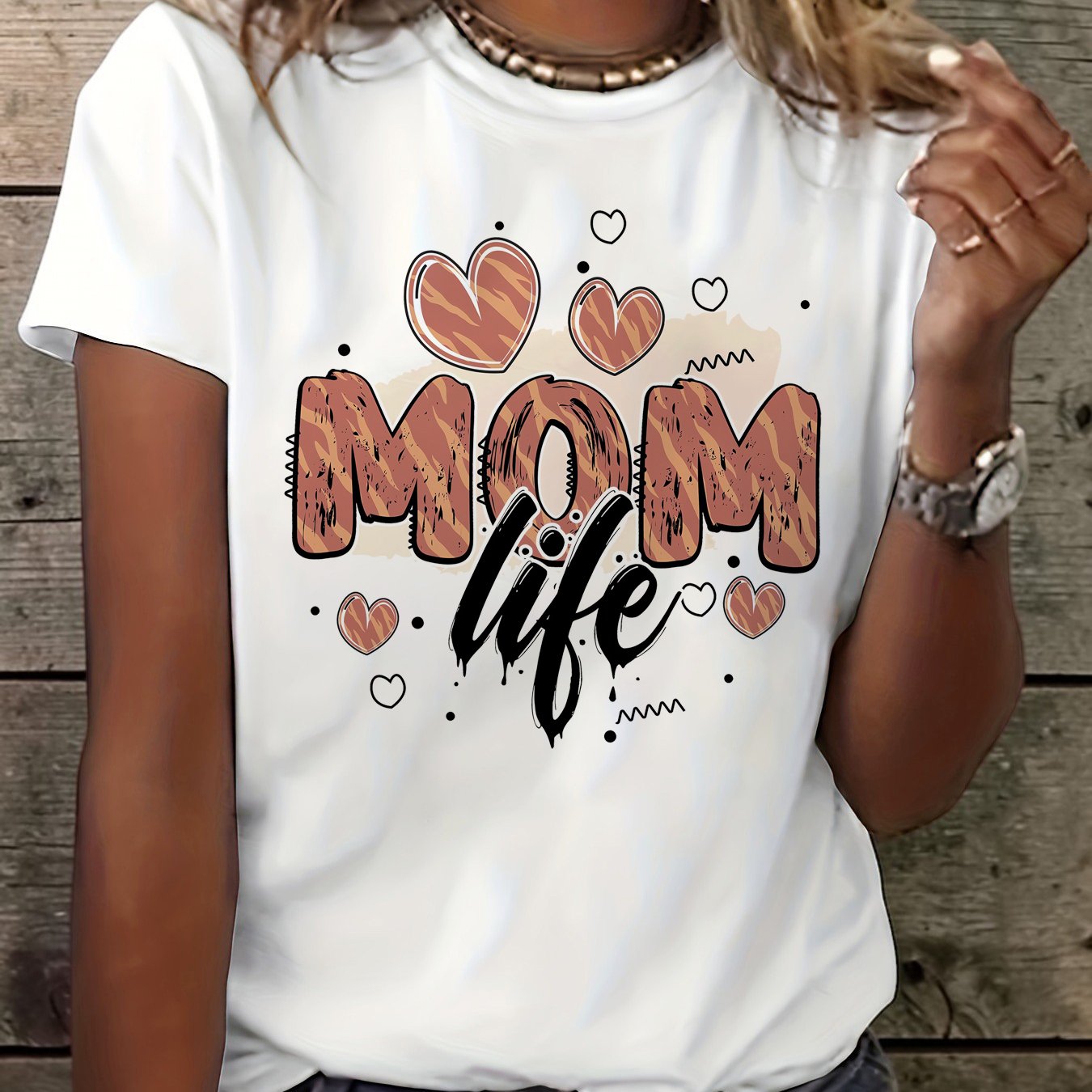 TEMU Women's Mom Life T-shirt - Short Sleeve Crew Neck Casual Blouse Top Lettering Print, Medium Stretch Suitable For Summer & Spring, Machine