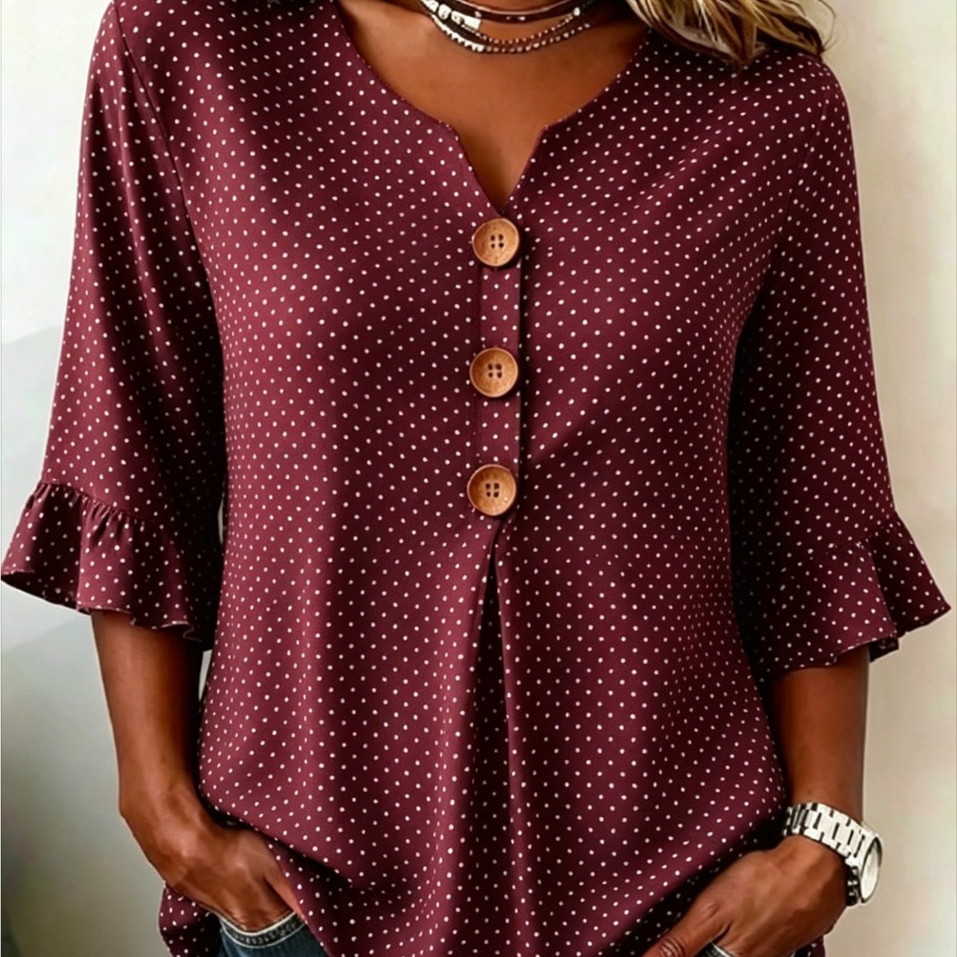 Image of Plus Size - Plus Size - Polka Dot Pattern Women's Plus Size Button V-neck Top, Easy And Elegant Style, Full Of Charm, Suitable For , From Casual To Semi-formal Settings, Soft Fabric, Polka , For Mom