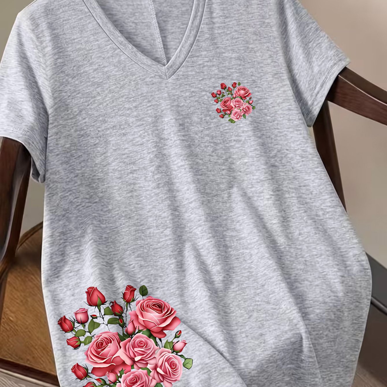 TEMU Plus Size - 1xl-8xl Plus Size - Summer Women's Plus Size Fashion V-neck Batwing Sleeve T-shirt, Extra Large Sizes, Pink And Red Rose Print,