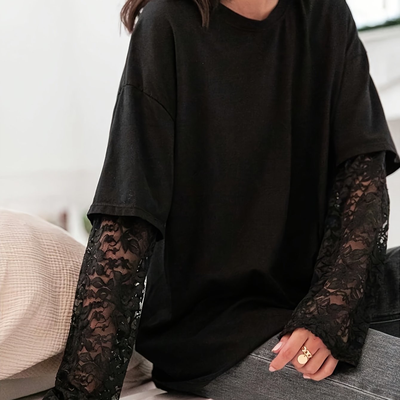 TEMU Plus Size, Plus Size Women' Color Round Neck 2-in-1 Look Top: Loose Short Sleeve   Lace Sheer Long Sleeve Spliced Design, Oversized Fit,