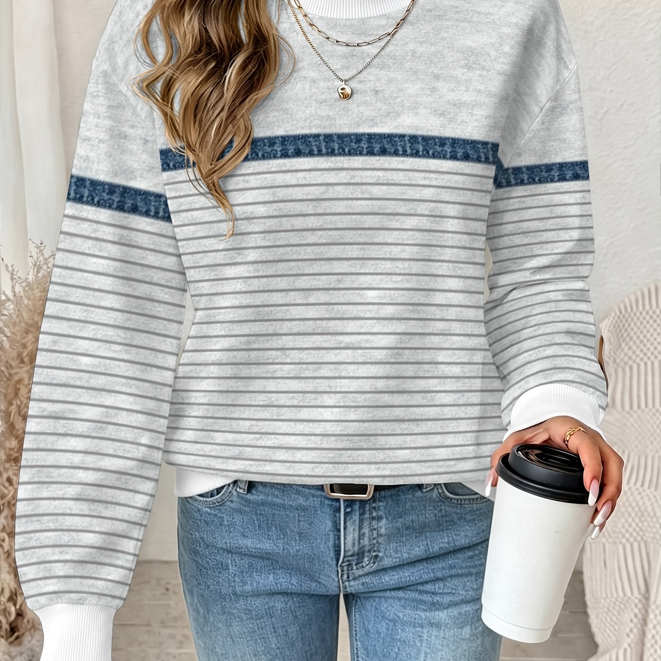 TEMU Women Lightweight Crew Neck Stripes Printed Sweatshirt Long Sleeve Casual Top For Spring Autumn