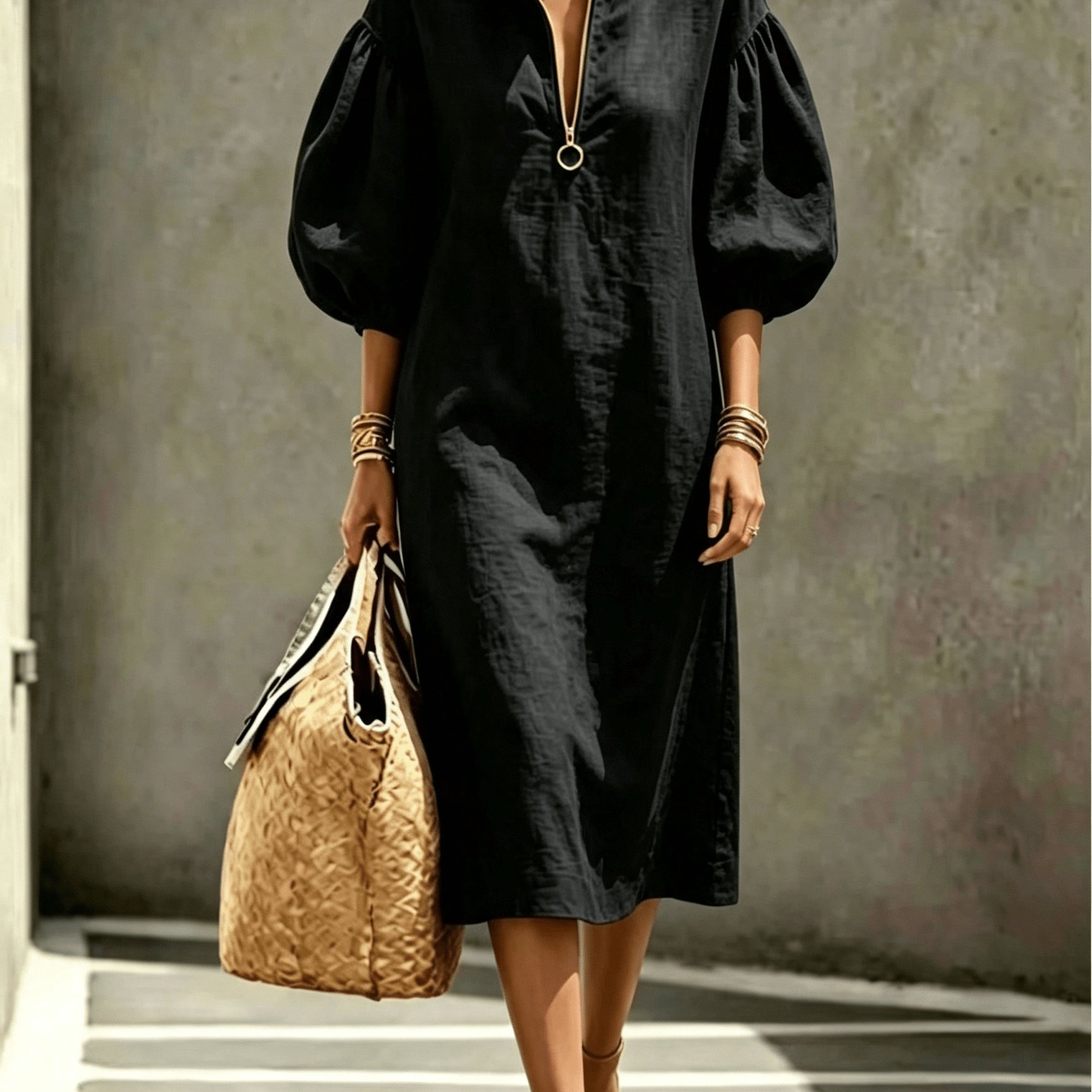 TEMU New : Elegant Solid Color Stand Collar Half-zip Lantern Sleeve Loose-'s Dress, Suitable For Occasions Such As Elegant Daily Wear And Commuting