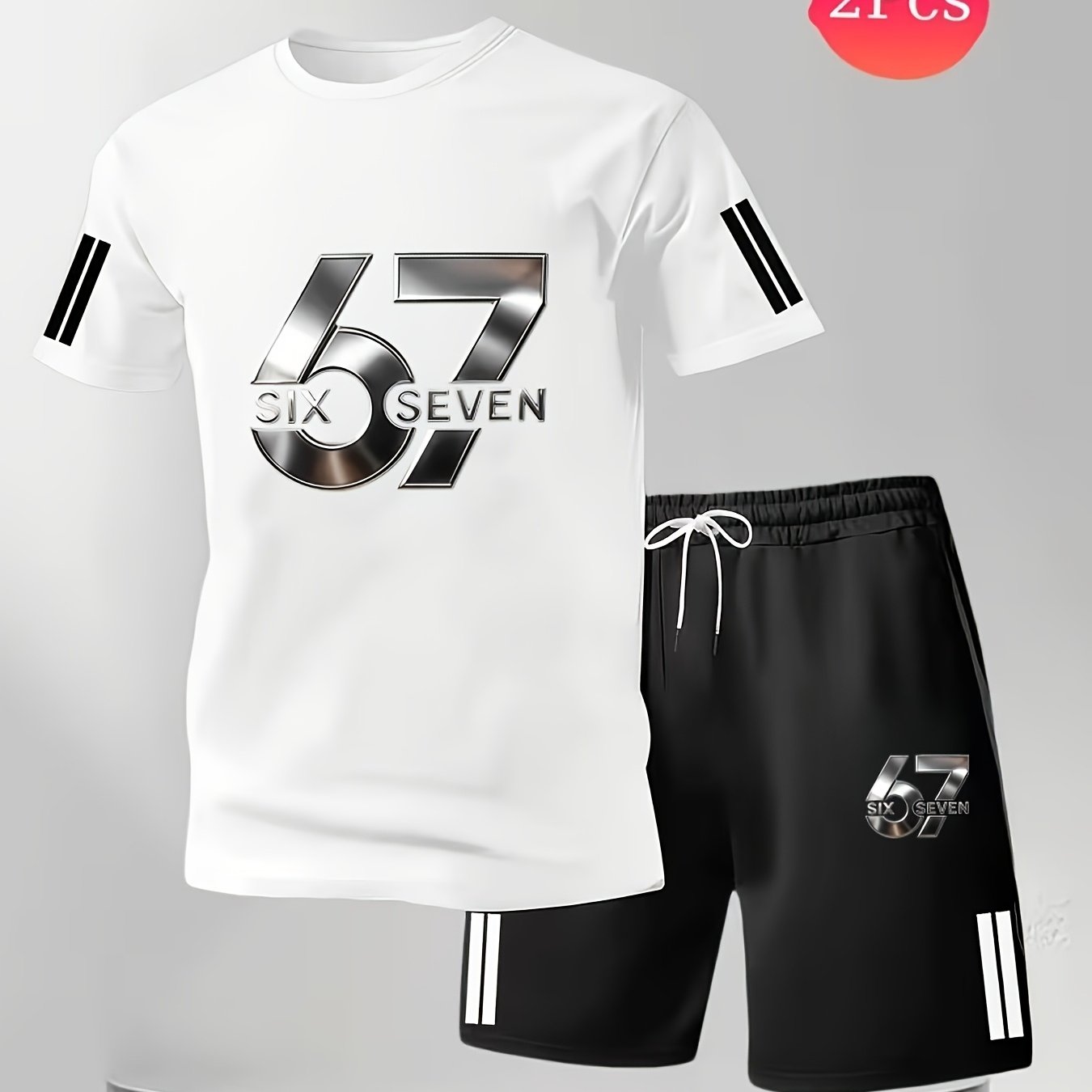 TEMU 2026 Summer Casual 67-pattern Striped Print Men's Set, Fashion Short-sleeve T-shirt And Shorts 2pcs Set
