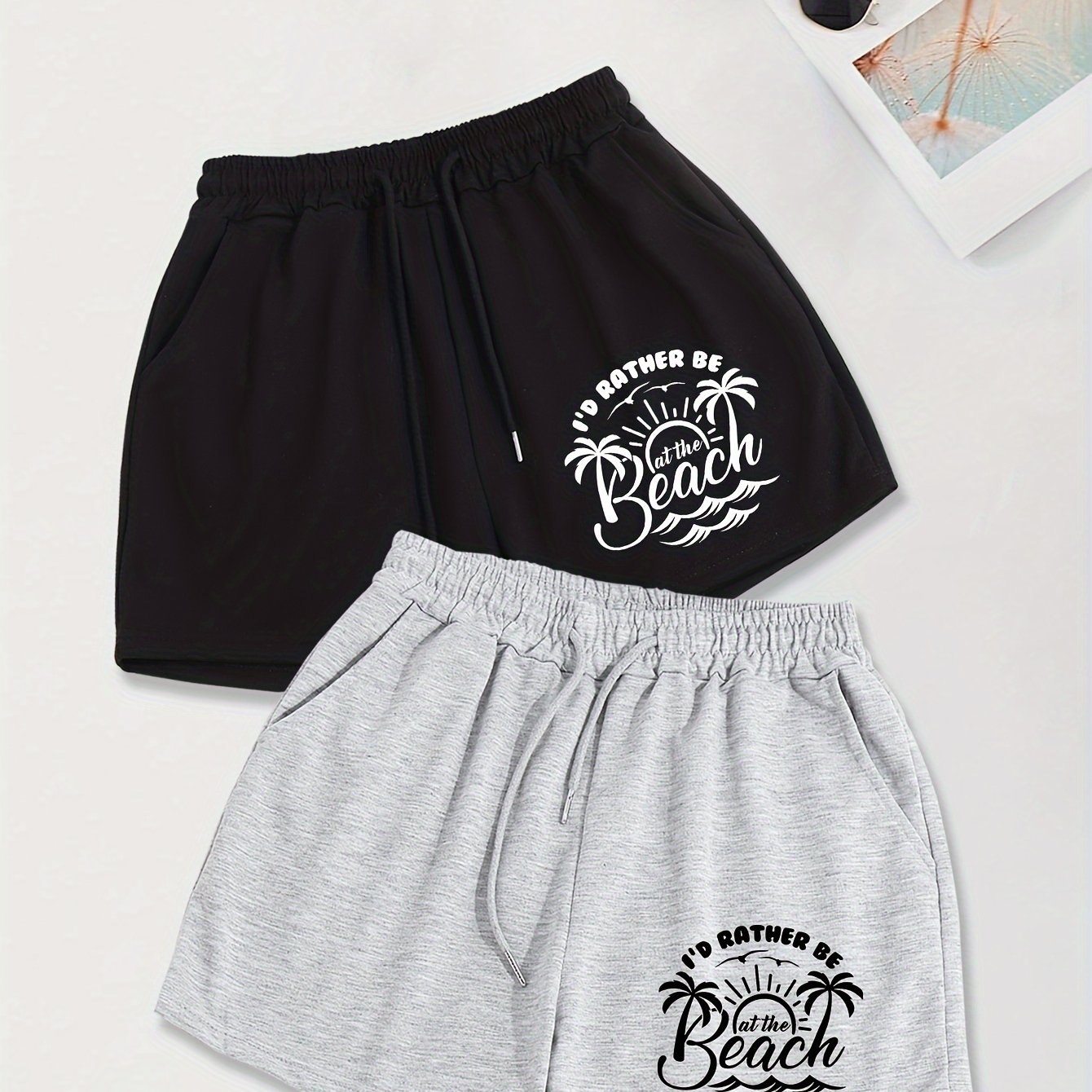 TEMU A Couple Of Pairs Of Drawstring Shorts With Letter Prints, Casual Wear For Women