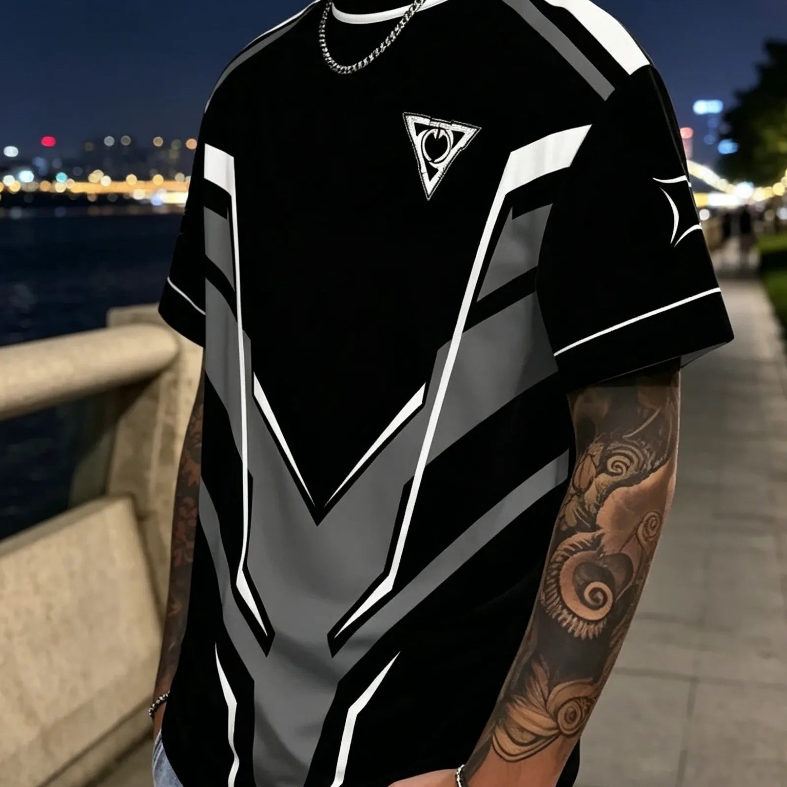 TEMU [printed Design - Not Textured] Round Neck Short Sleeve Summer New Style, Fashionable Individual Street Style, Breathable Comfortable Quick-dry