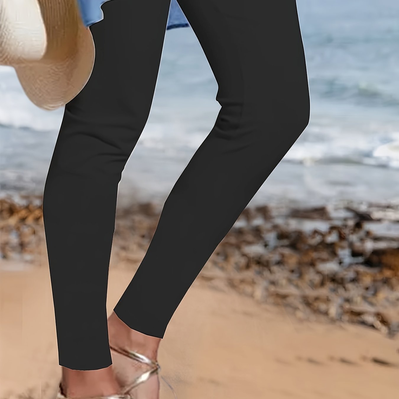 Women's Plus Size High-waist Stretchy Solid Color Leggings - Casual & Comfortable, Beach , Wear