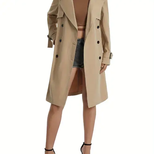 ladies casual wind coat spring autumn girls solid color long sleeve lapel double breasted with belt