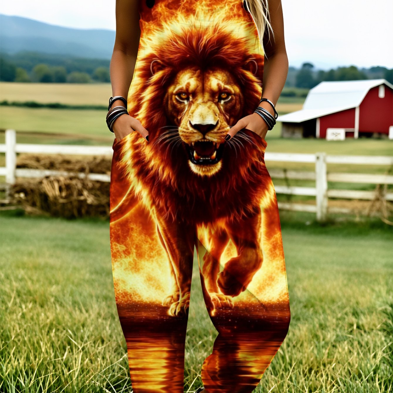 Women' Size Overall Jumpsuit, Size S-2xl Lion Fire Reflection Wide-leg Pants Adjustable Shoulder Straps Machine Washable Suitable For Daily Wear And , An Ideal Gift For .