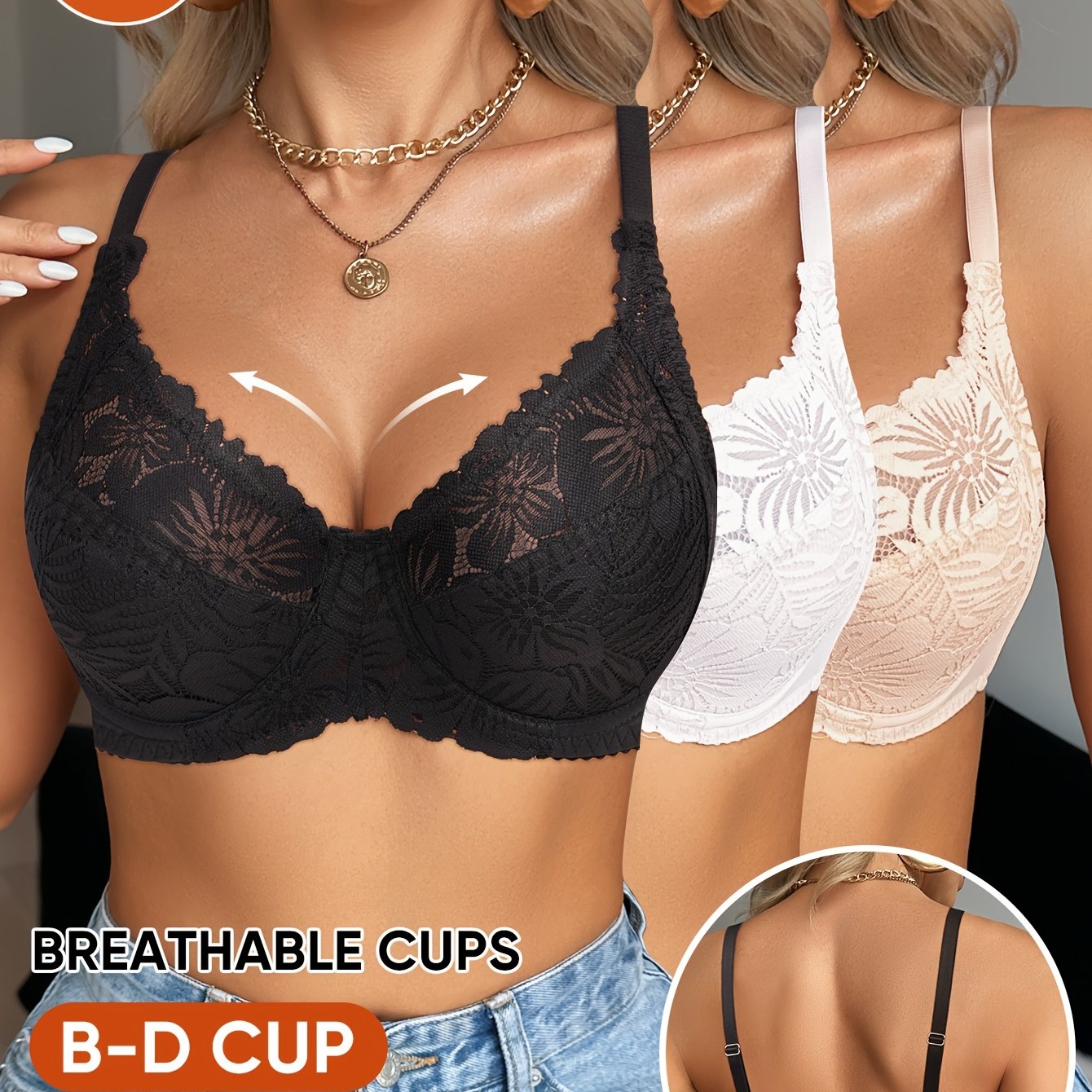 Image of 3pcs Women's Underwear Set, Daily Bra, Underwire Bra, Lace Sexy, Patterned Design, Summer Breathable
