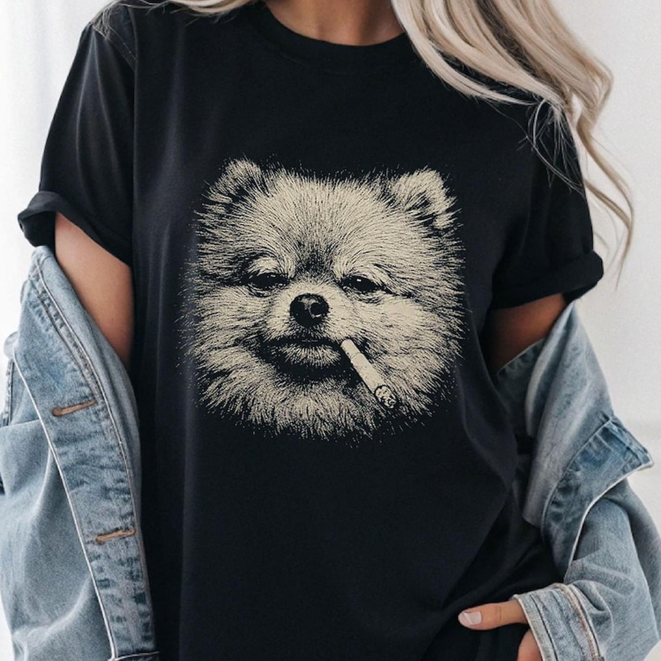 Pomeranian Smoking T Shirt Funny Dog Edgy Grunge Sketch Art Retro Top