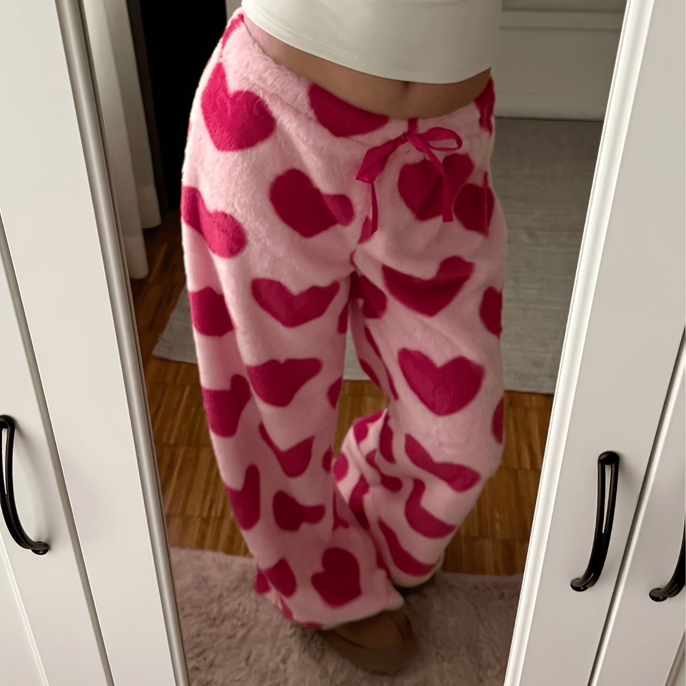 TEMU Pantalon à jambes larges et cœur rouge - Tissu décontracté pour femme - Coupe , chaud pour et l'hiver