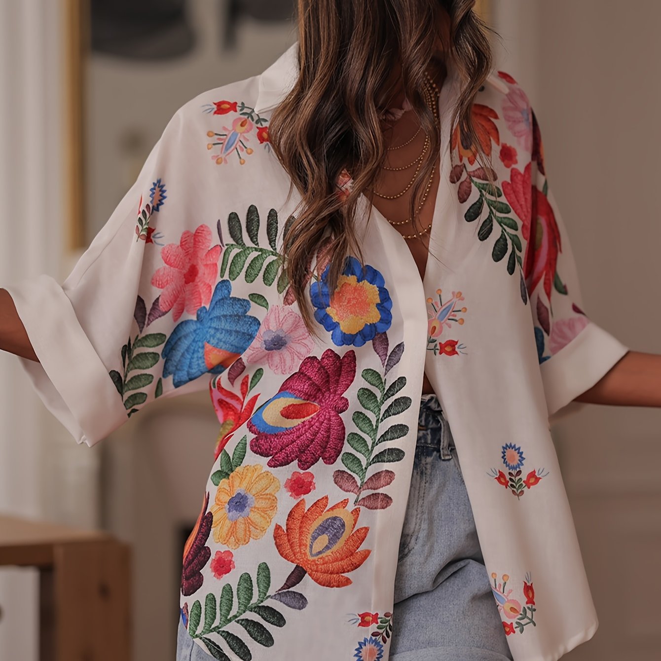 E-shop Damen Casual Elegantes Blumenmuster Knopfleiste Hemd, Damenhemd/Print