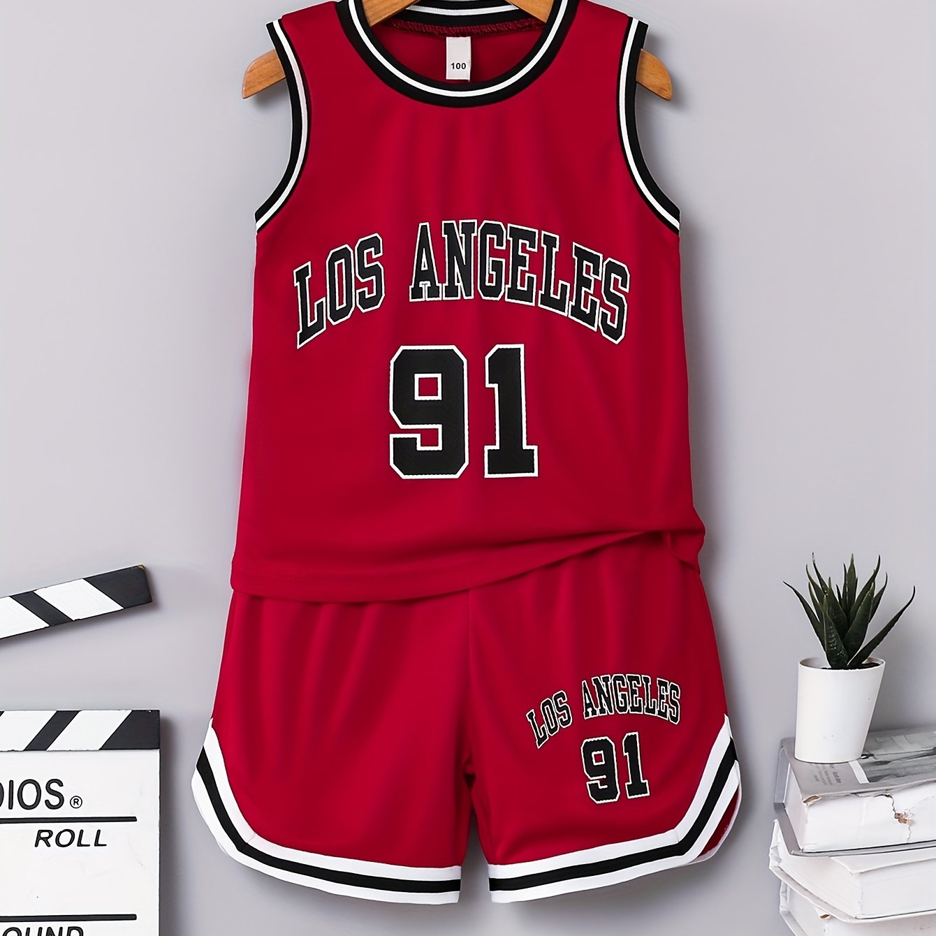 Image of 2pcs Boys' Summer Letter Print Fashion Sports Jersey Running Sleeveless Short Sleeve & Shorts Set, Comfortable Breathable Fabric, Perfect For Outdoor Activities, Perfect For Outdoor