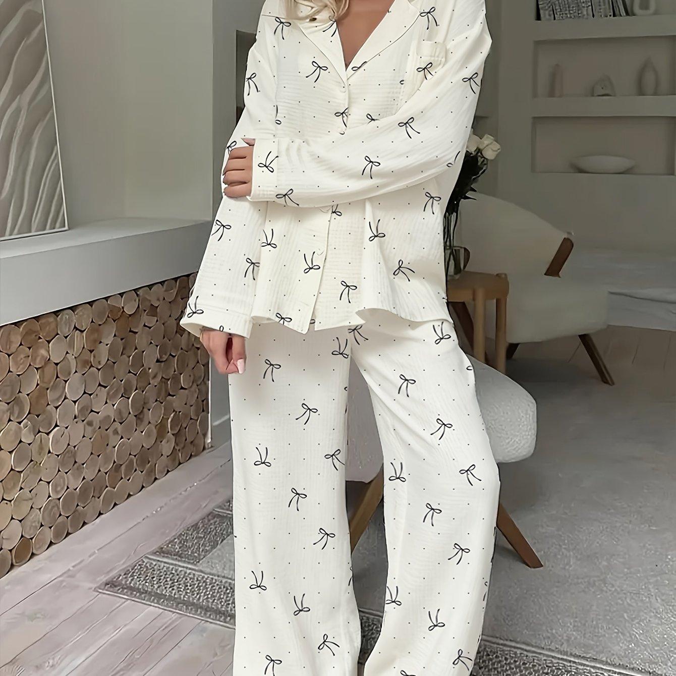 E-shop Herbst- und Winter 2-teiliges Damen-Pyjama-Set, süßer Schleifen-Print, Knopfleiste, Cardigan, langärmlige , Hauskleidungs-Set
