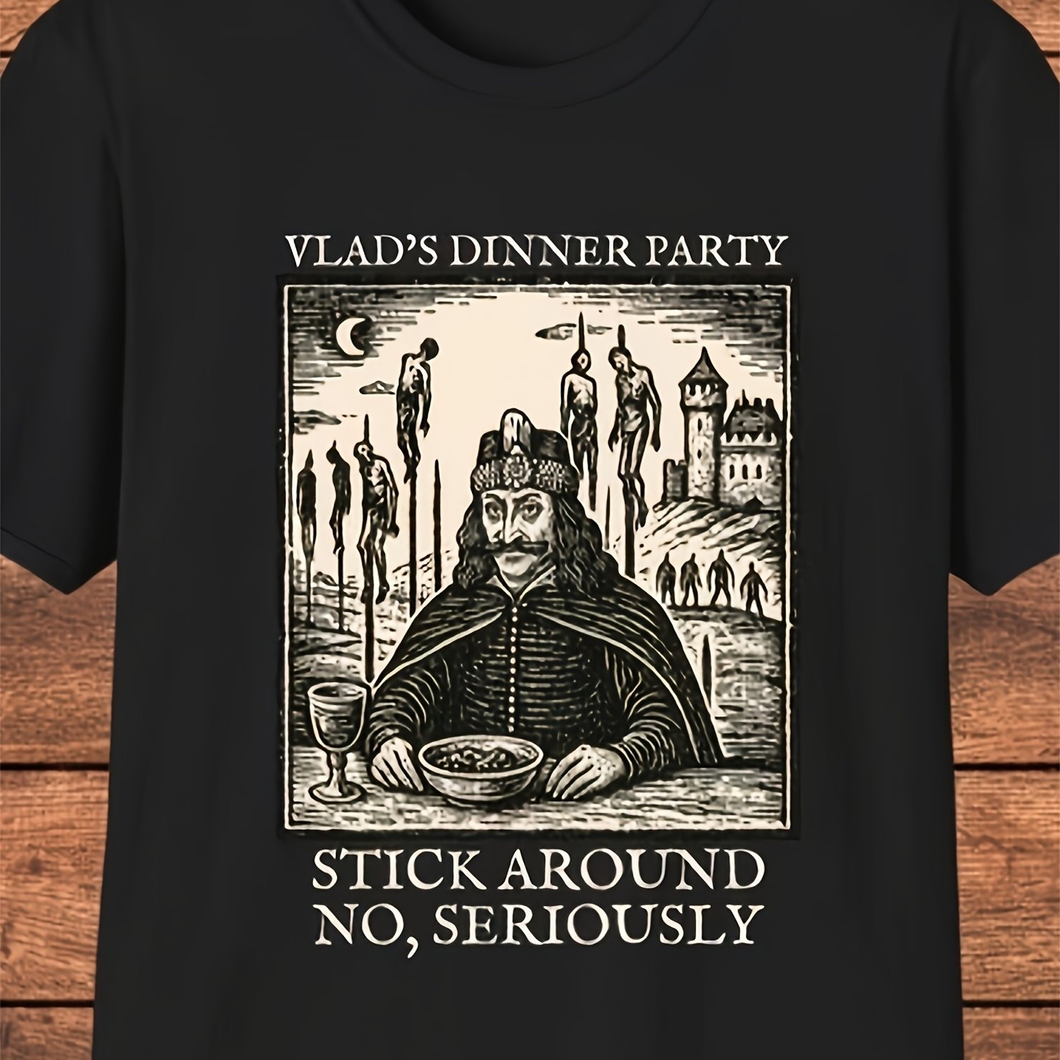 TEMU Men's Uni The Impaler Vampire T-shirt - Medieval Gothic Historical Tee With "stick Around No " Slogan & , Short Sleeve Crew Neck Casual Shirt