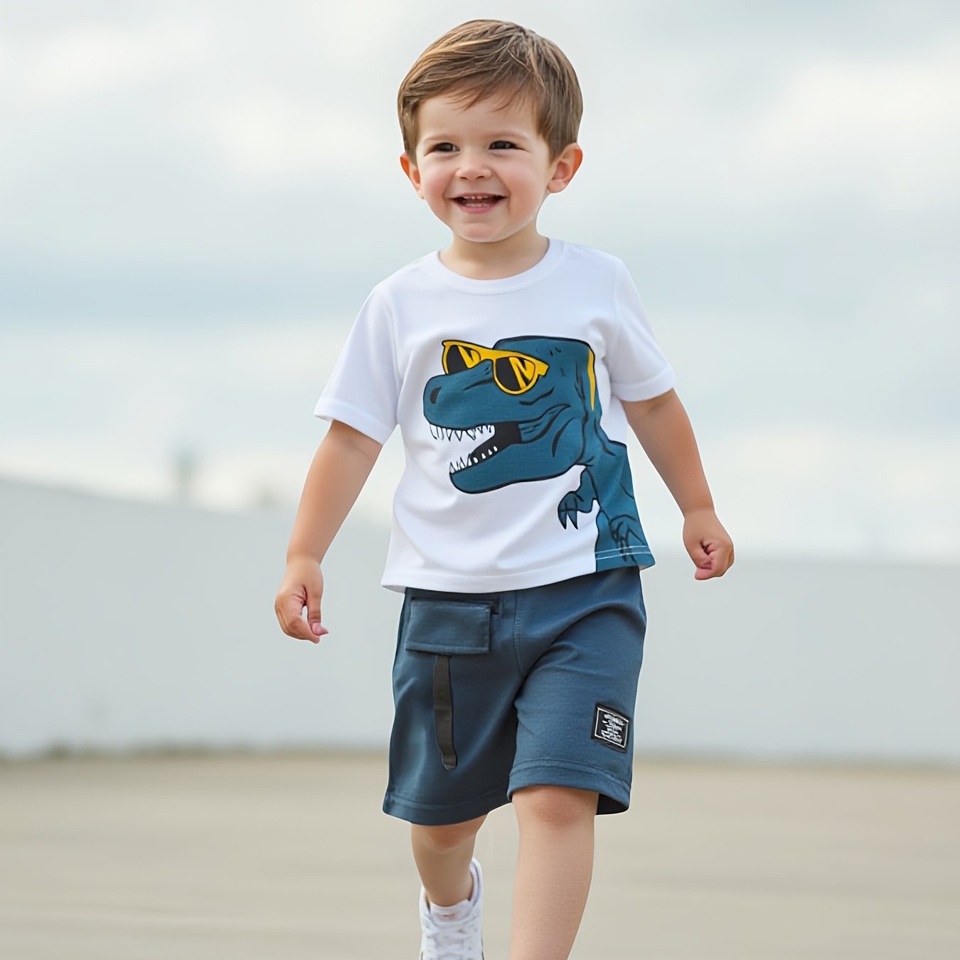 Image of Summer Glasses Dinosaur Short Sleeved Work Pants Set, Perfect For Outdoor,boys And Girls Clothes