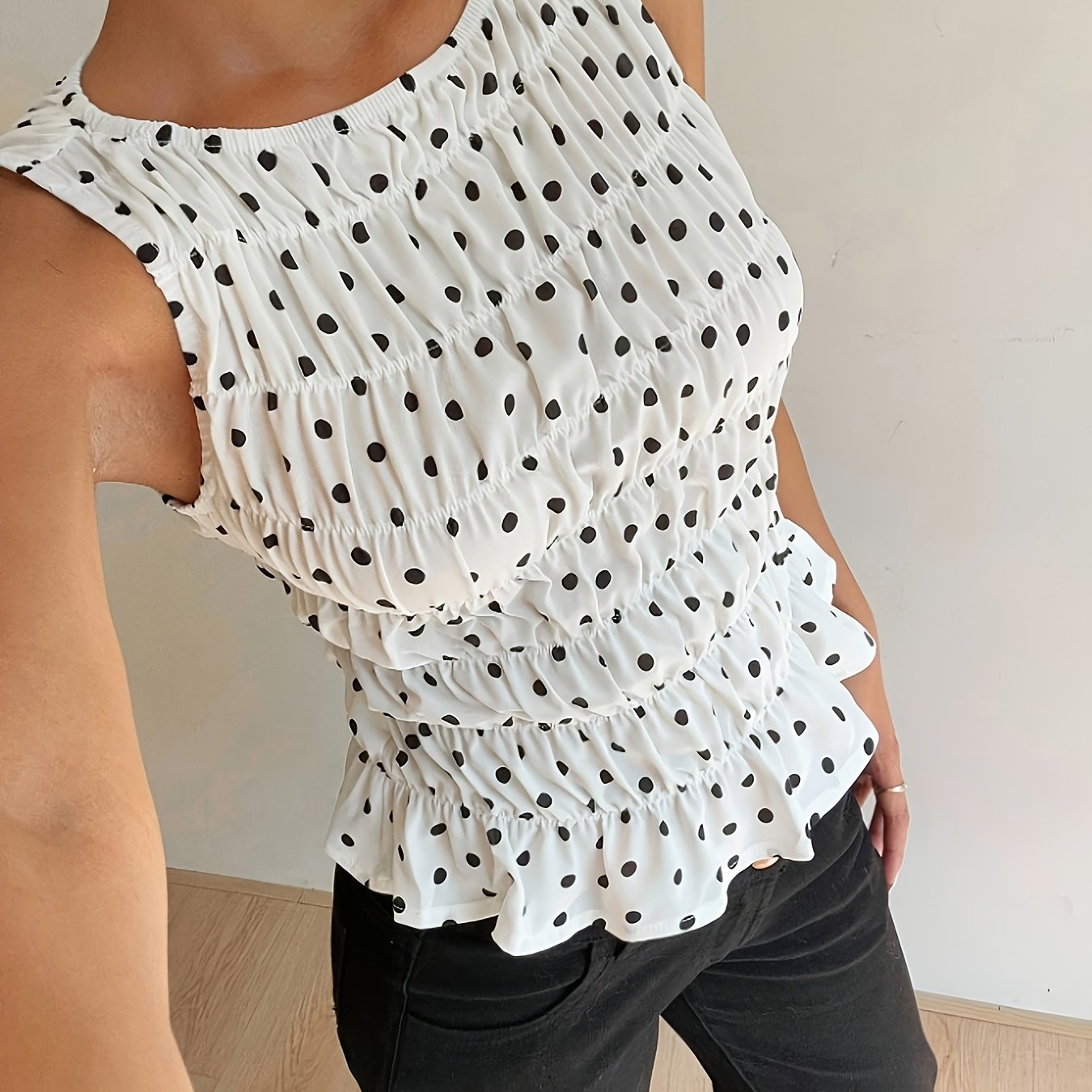 E-shop DJ2512010358 Left Jia Damen Rüschenhemd, Polka Dot Weste, Ganzjahres Freizeitkleidung, Retro Street Style