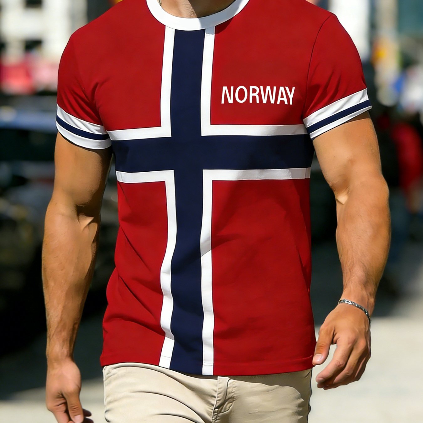 TEMU [printed Design â Not Textured] Flag Element T-shirt, , Men's Sporty Style Top, And , Summer Outing Outfit, Plus Size