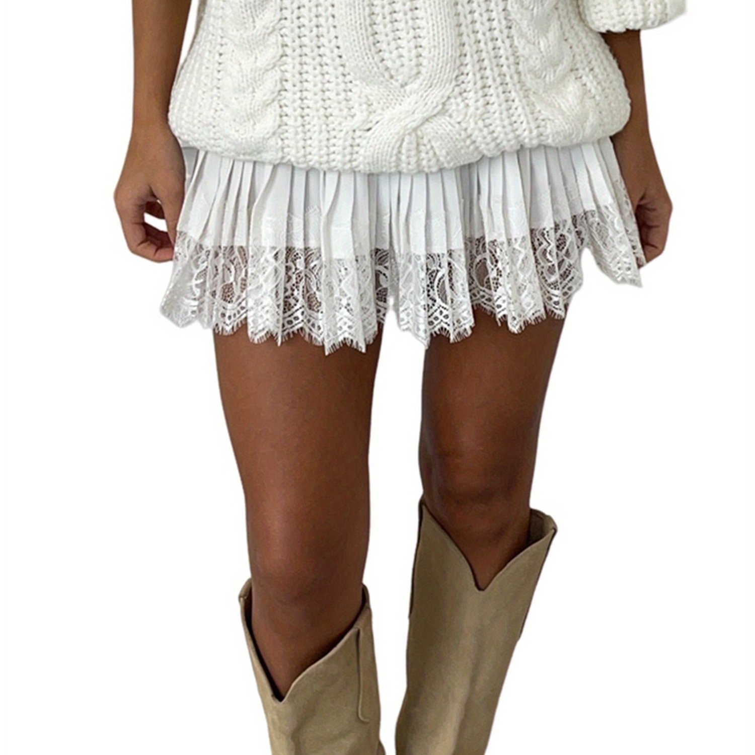 TEMU Women's Lace Mini Skirts Casual Low Waist Solid Color Loose Fit Pleated Skirts Summer A-line Skirts