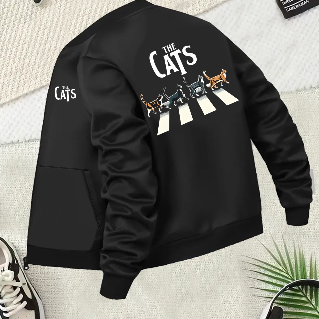 TEMU Plus Size Women's Casual Jacket With "the Cats" Print - Black Baseball Collar Zip-up With Pockets, Comfortable Long Sleeve Outerwear For Casual