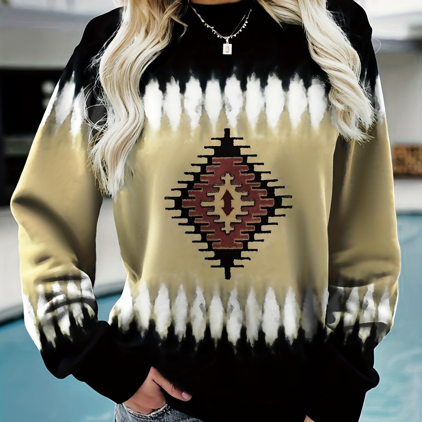 TEMU Plus Size - Women's Ethnic Geometric Pattern Round Neck Pullover Sweater - Long Sleeve Casual Sweatshirt, Earthy Tones, Machine Washable ,