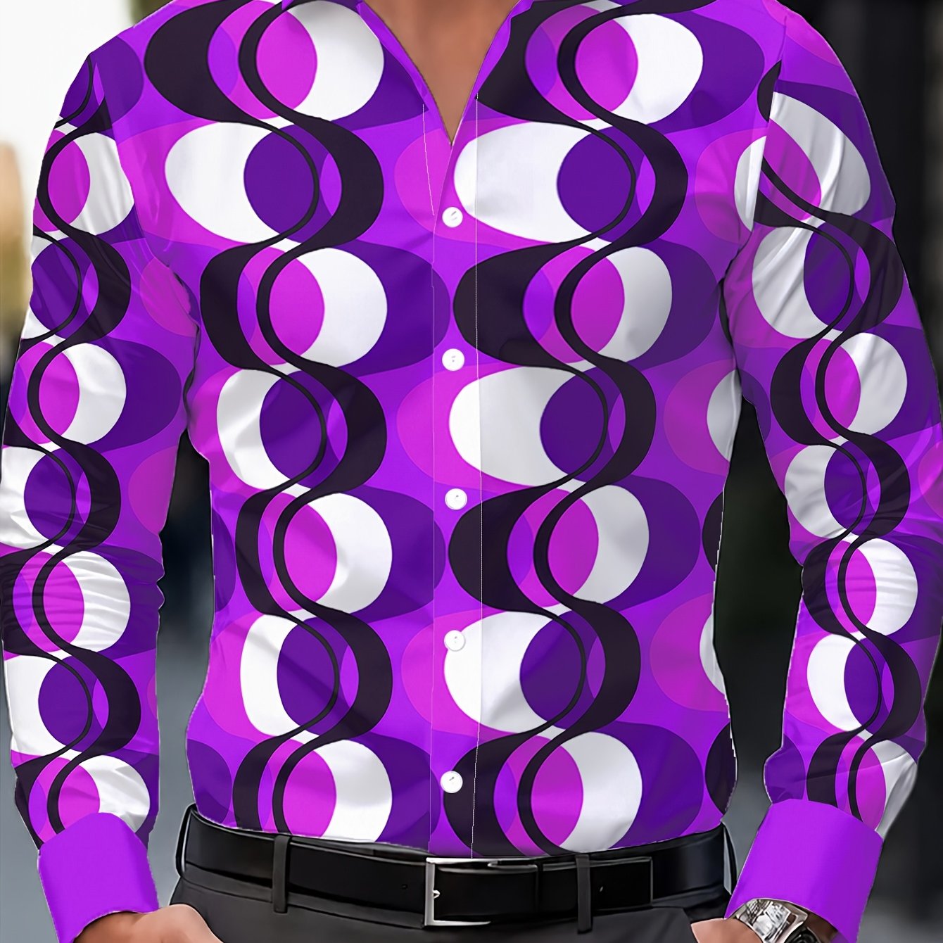 TEMU Men's 70s Disco Party Long-sleeve Shirt With Vibrant Geometric Circle - Featuring Vintage Hippie And Bohemian Style Designs, Suitable For Casual