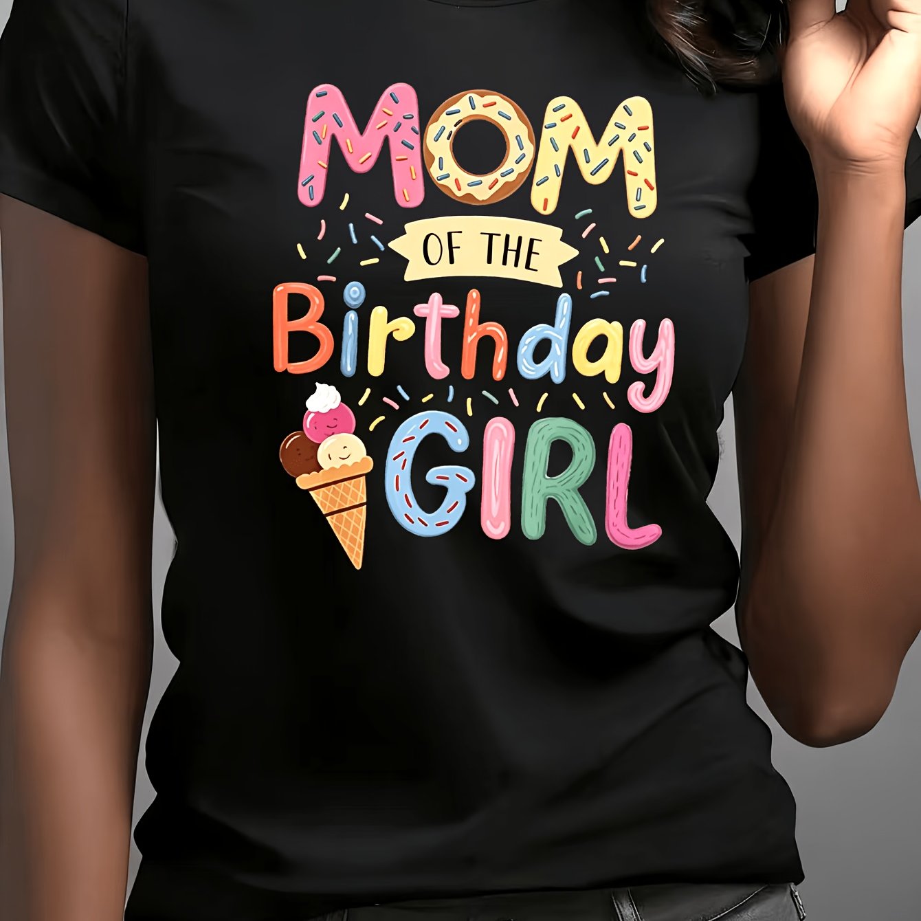 TEMU Cartoon Donut Ice Cream Letter Print T-shirt, Breathable Lightweight Spring Summer Comfortable Fabric, Birthday Theme Casual Versatile Women's