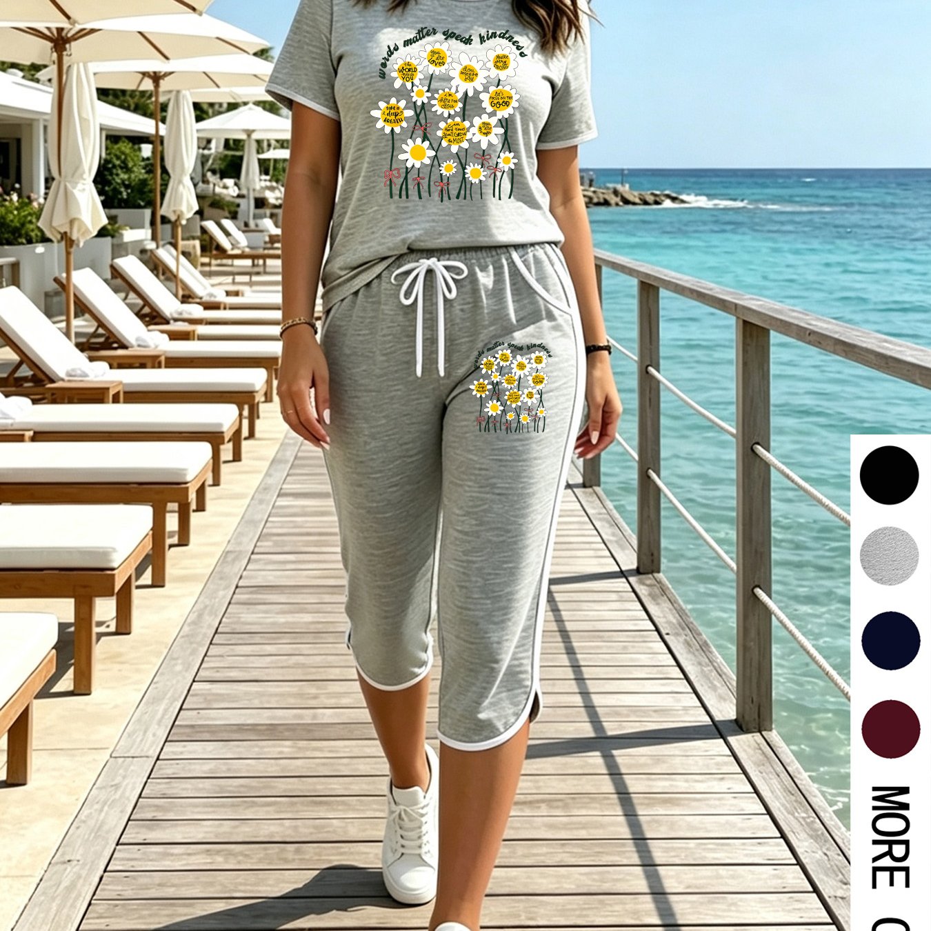 TEMU Plus Size, Casual Plus Size Women 2pcs Set, Summer Colorful Round Neck Short Sleeve Top   Binding Loose Capri Pants With Pockets, Daily