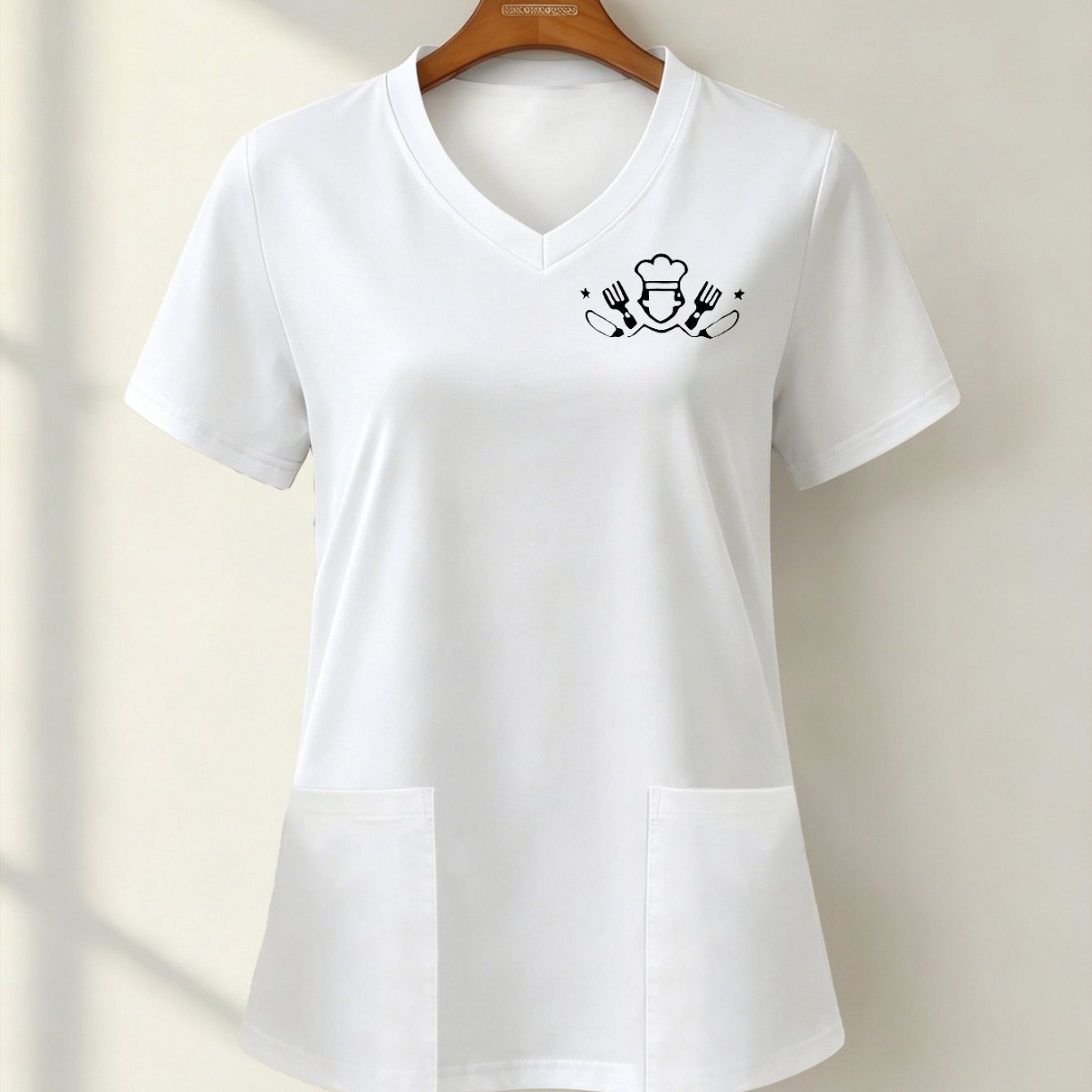 TEMU Scrub da infermiera multiuso da donna con scollo maniche corte, con stampa a tema utensili da cucina da chef, dotati di due tasche portaoggetti.