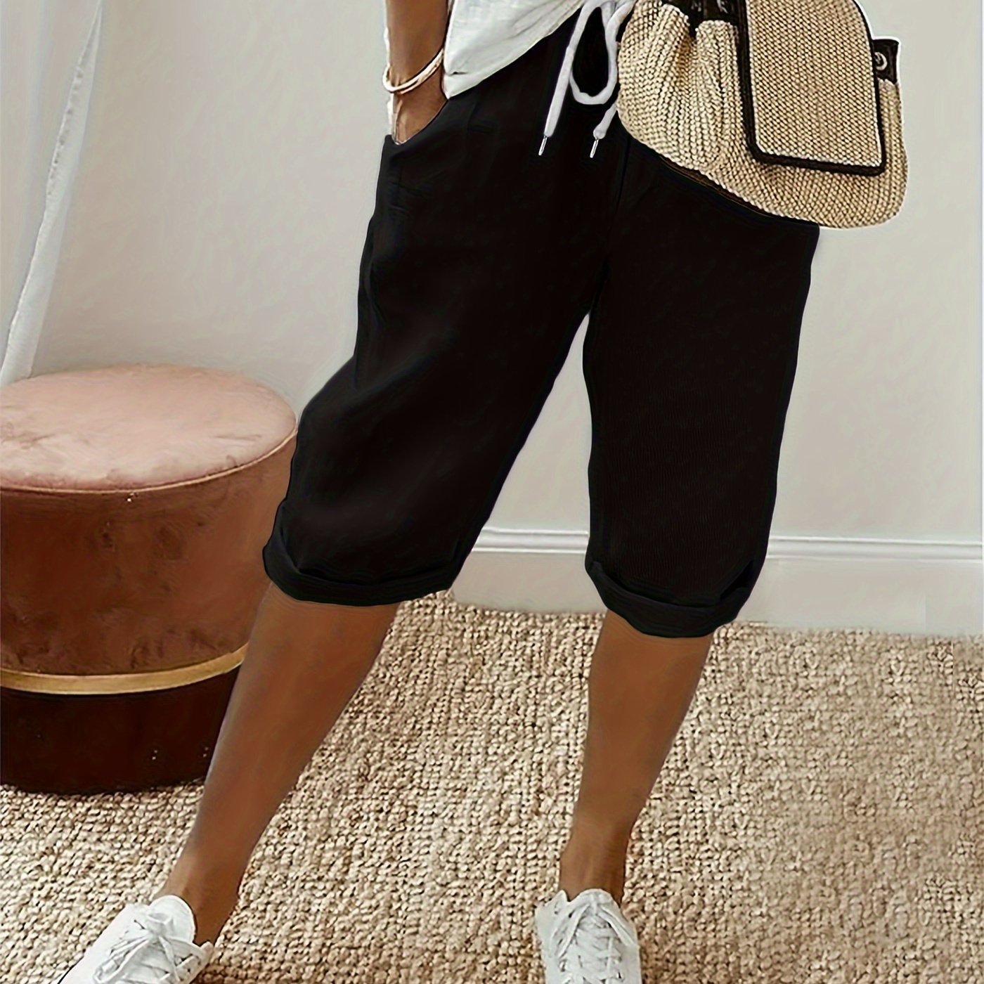 Self-developed - Women's Casual Solid Loose Casual Drawstring Mid-length Shorts