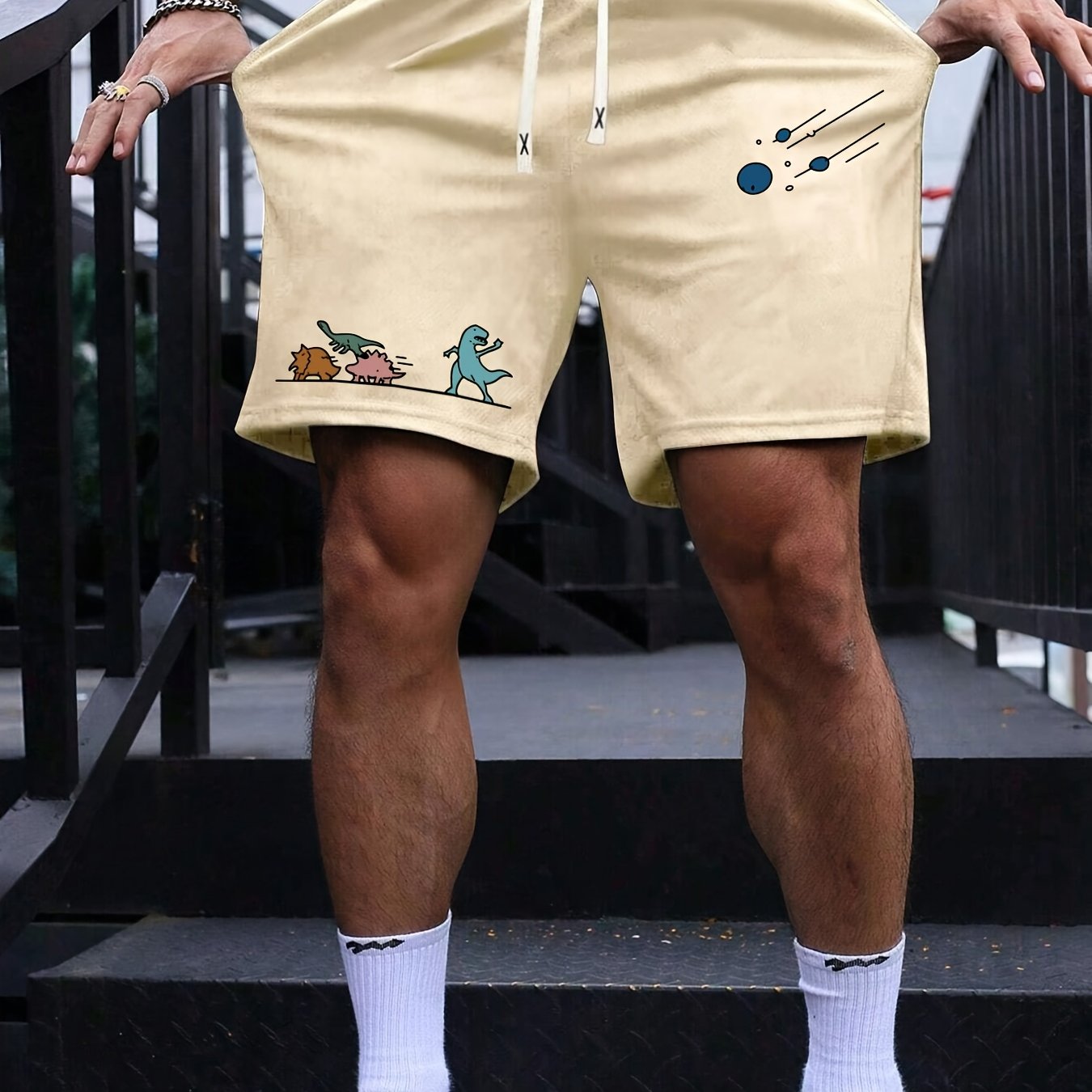 TEMU Men's Summer Dinosaur Print Drawstring Waist Shorts, Summer Casual Versatile Sweatpants