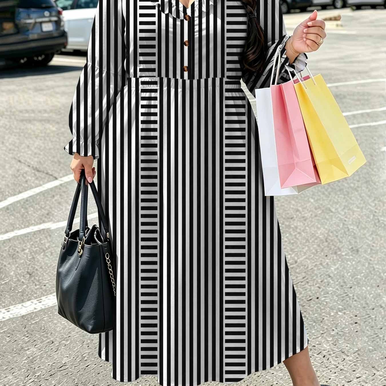 Image of Plus Size - Black And White Geometric Stripe Print Plus Size Women's V-neck Long Sleeve Dress, Summer Bohemian Retro Casual Pleated Lace-up Elastic Waist, Button- Front
