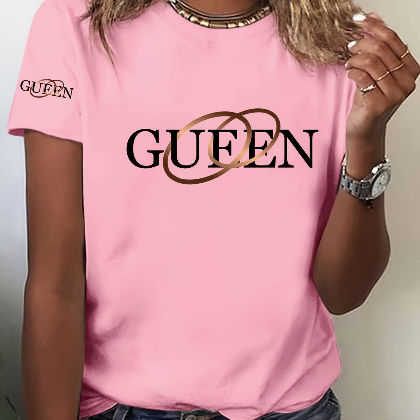 TEMU Artistic Letter Double Print Pattern - Elegant And Fashionable - Women's Round Neck Pullover T-shirt, Casual Sport Short Sleeve, Sizes S-xxl,