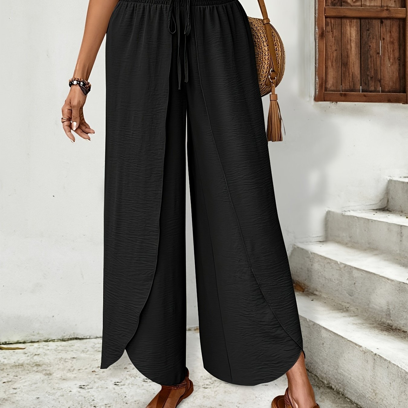 TEMU Elegant And Wide-leg Casual Pants With Overlapping Curved