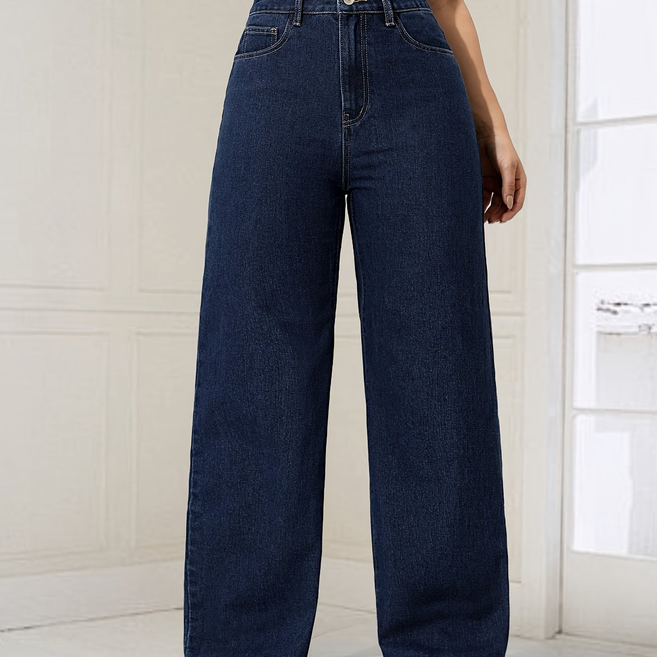 Image of Women's Dark Blue Elegant Fashion Stretch Denim Wide-leg Pants