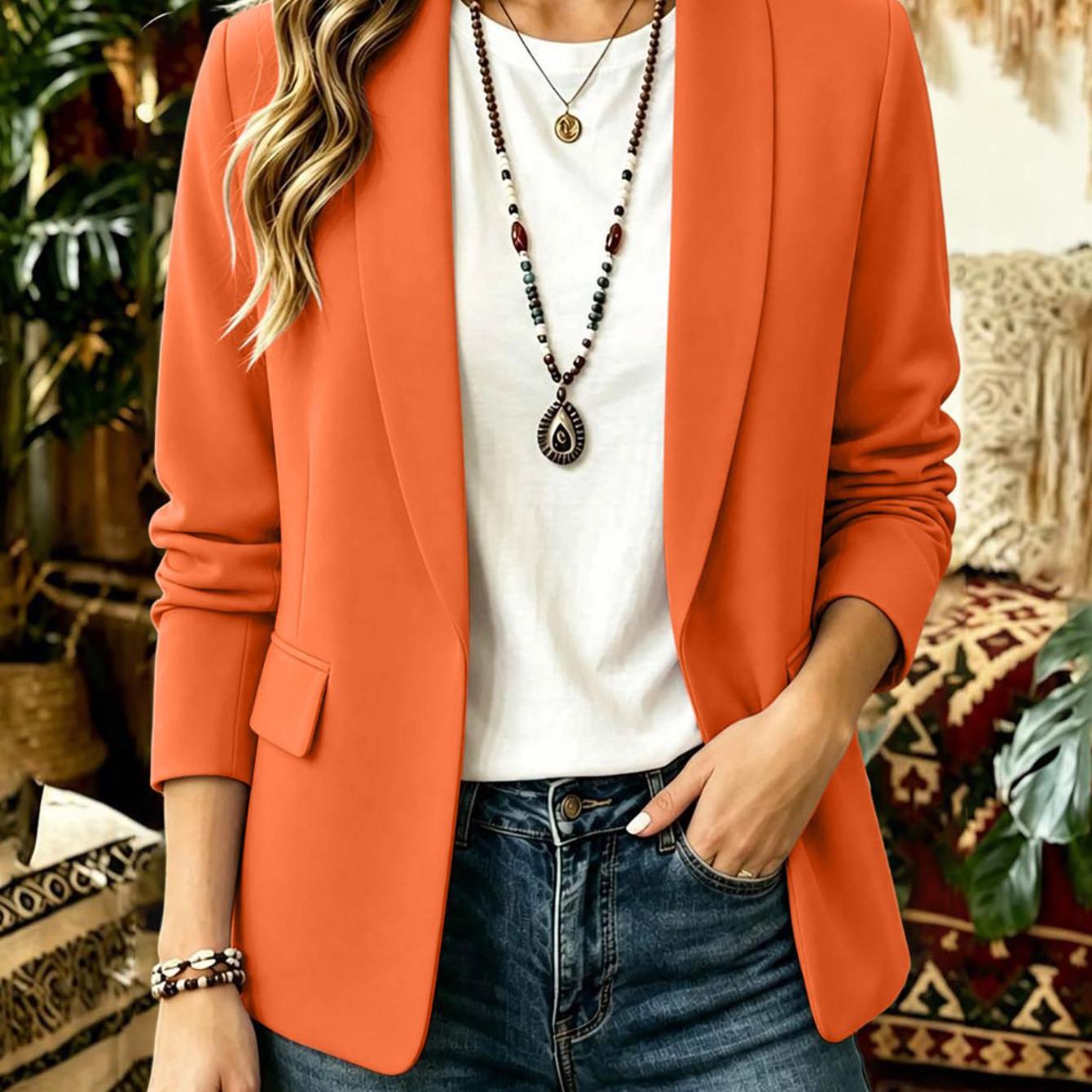 Image of Women' Lightweight Blazer No Button Open Front Shawl Lapel Ruched 3/4 Sleeve Side Flap Pockets Relaxed Fit Casual Suit For Weekend Street Outfits