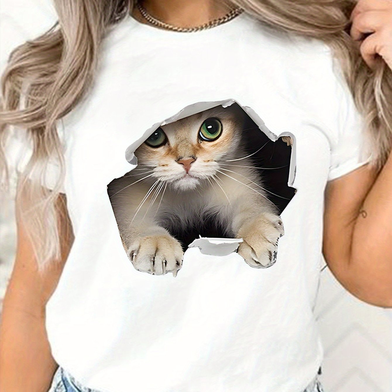 TEMU Cute Cat Print T-shirt, Casual Crew Neck Short Sleeve Top For Spring & Summer, Women's Clothing