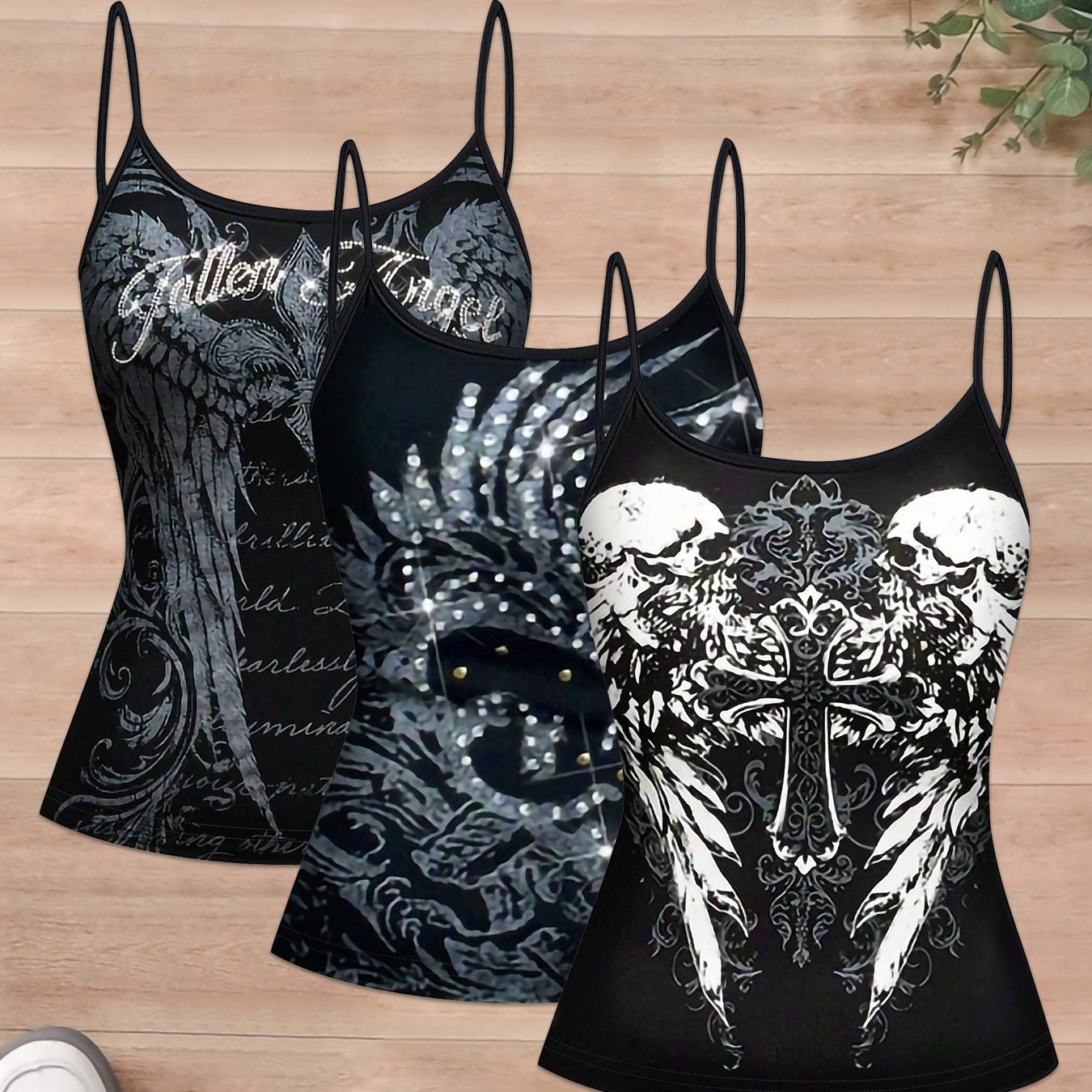 Image of 3pcs Women's Sleeveless Tank Tops - Edgy Gothic Winged Cross Skull & Fallen Graphic Prints, Black & White Contrast Summer Tops, Machine Washable Thin Strap Tops For Casual Streetwear