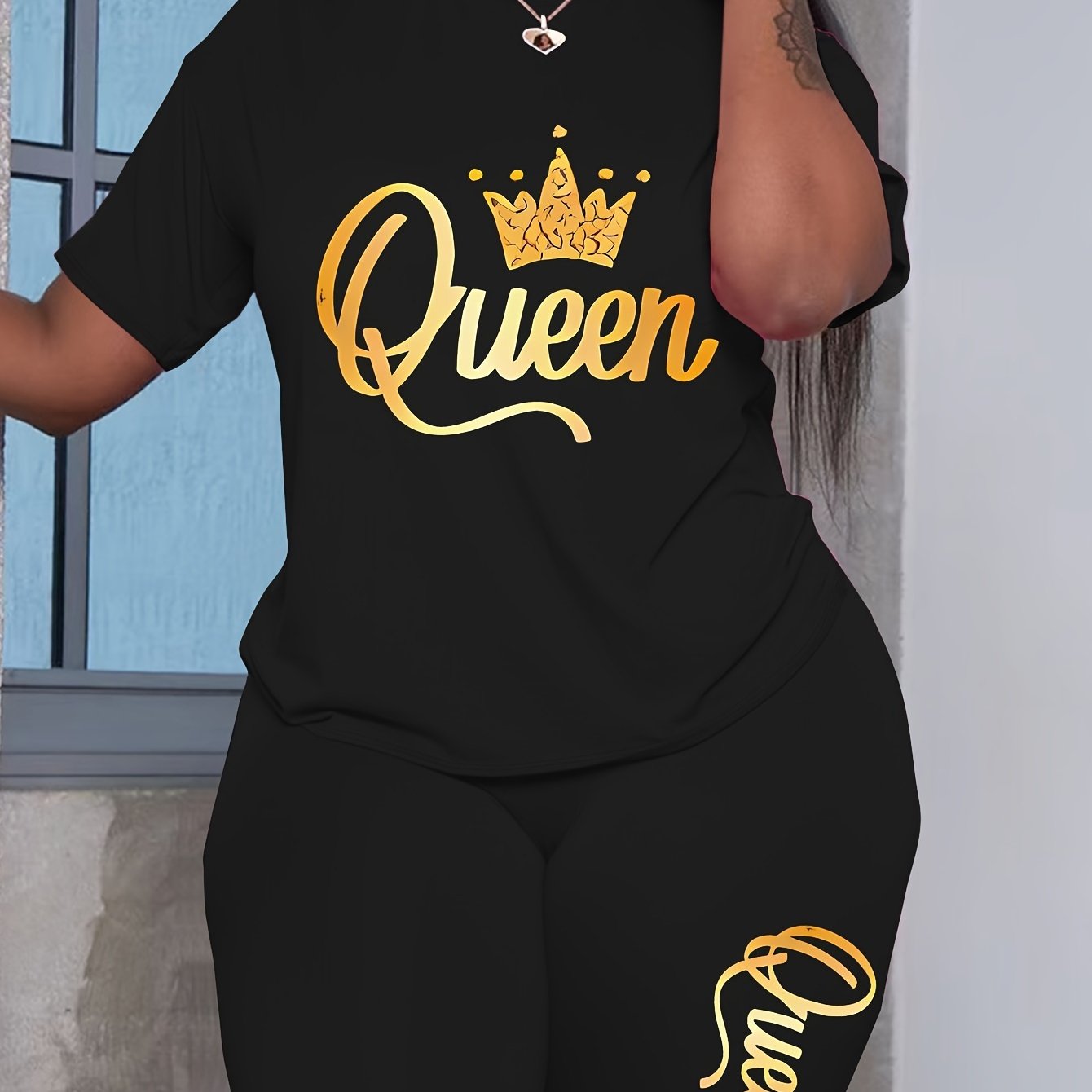 TEMU Plus Size - Women's Fashion Two-piece Short-sleeved Shorts With Letters And Crown Print
